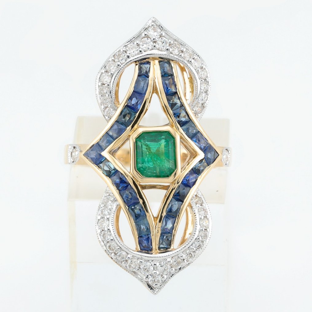 "IGI"  - (Emerald) 0.82 Ct, (Blue) Sapphire & Diamond Combo - 14 carati Bicolore - Anello #1.1