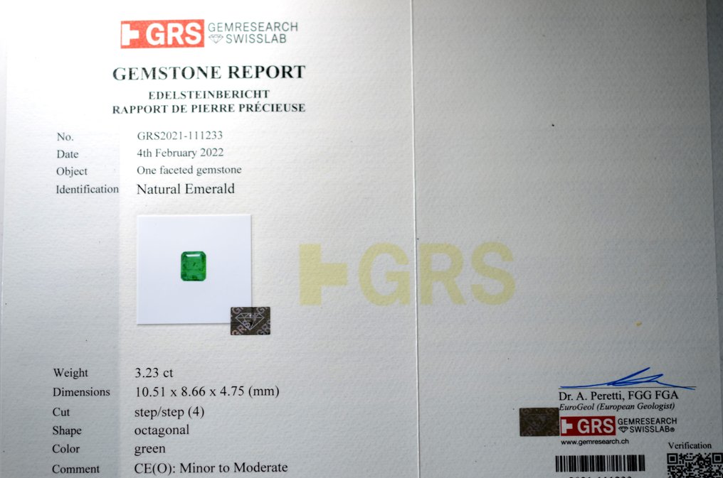 Grön Smaragd  - 3.23 ct - GRS (Gem Research Swiss Lab) #3.2