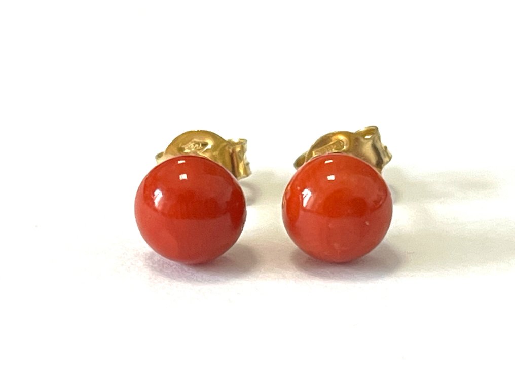 χωρίς τιμή ασφαλείας - Σκουλαρίκια - 18 καράτια Κίτρινο χρυσό Κοράλλι - Κοράλλι Σαρδηνίας κόκκινο #4.3