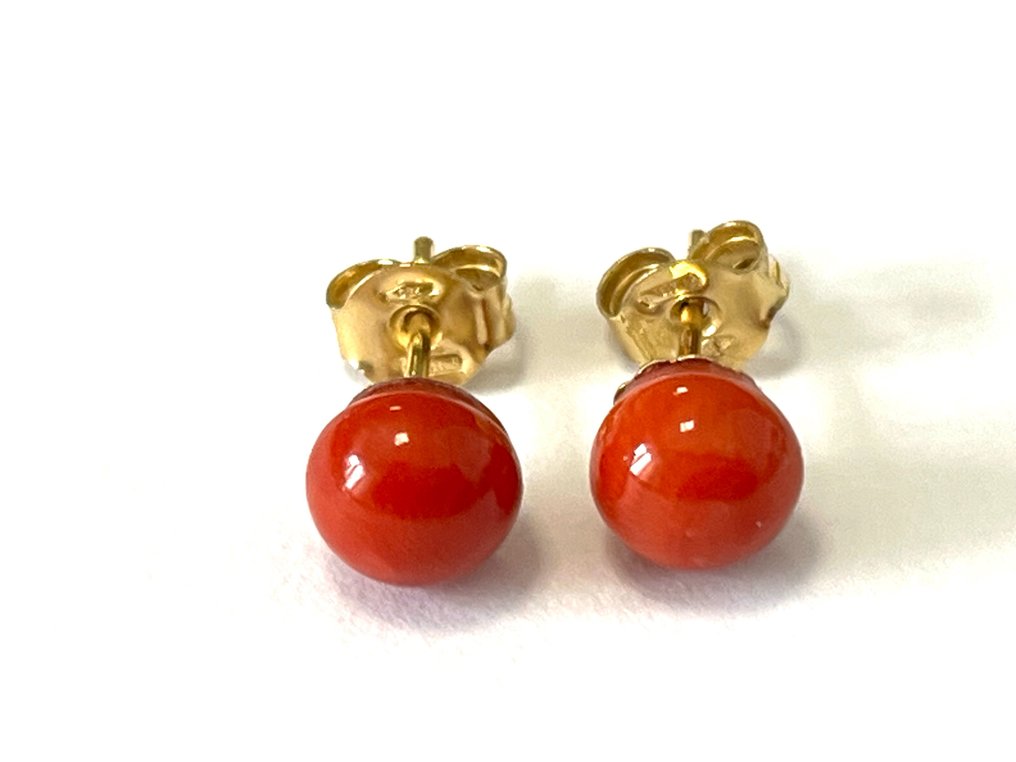 χωρίς τιμή ασφαλείας - Σκουλαρίκια - 18 καράτια Κίτρινο χρυσό Κοράλλι - Κοράλλι Σαρδηνίας κόκκινο #3.2