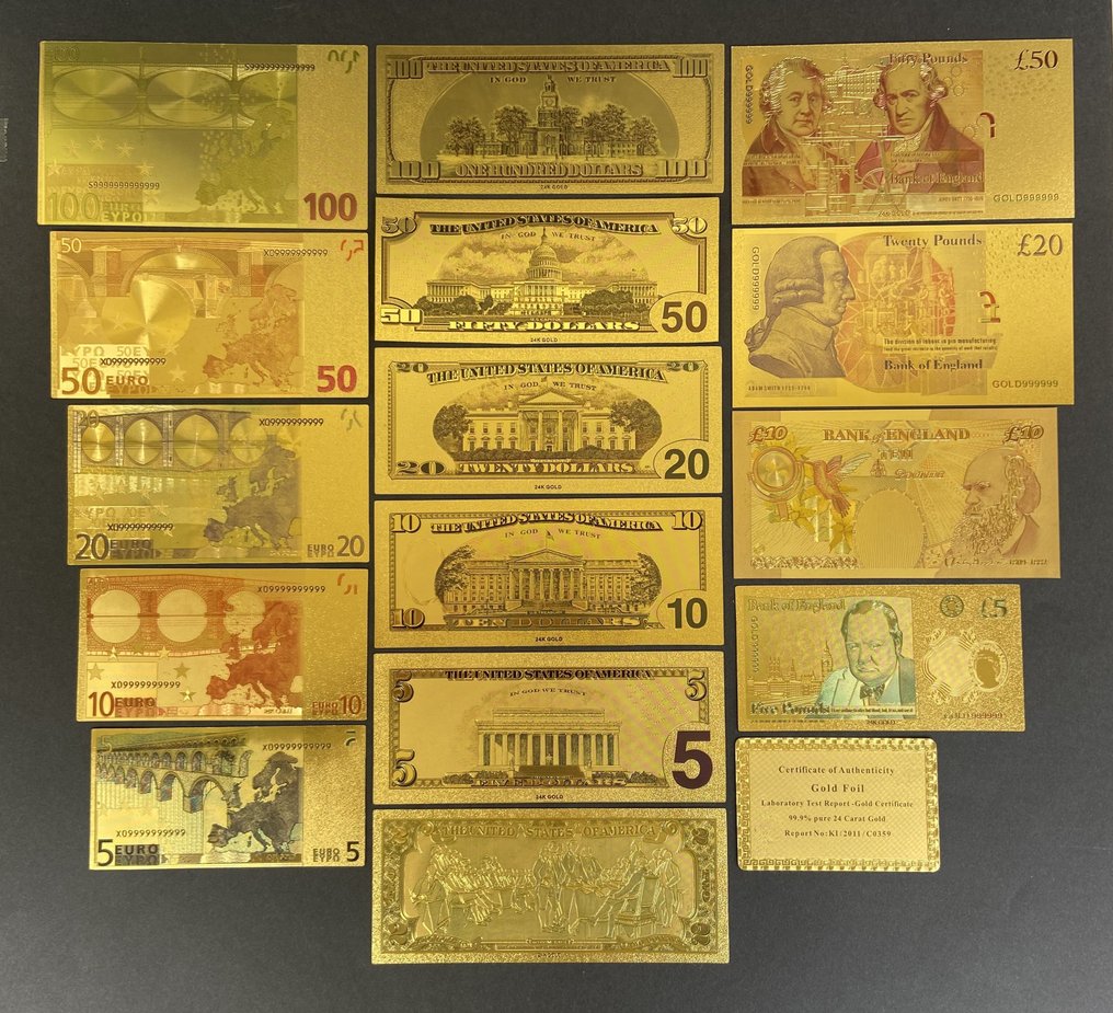 Themed Collection 15 Limited Edition 24K Gold Plated Banknotes USA, UK, Europe,  Souvenir Gift Money.  (No Reserve Price) #1.2