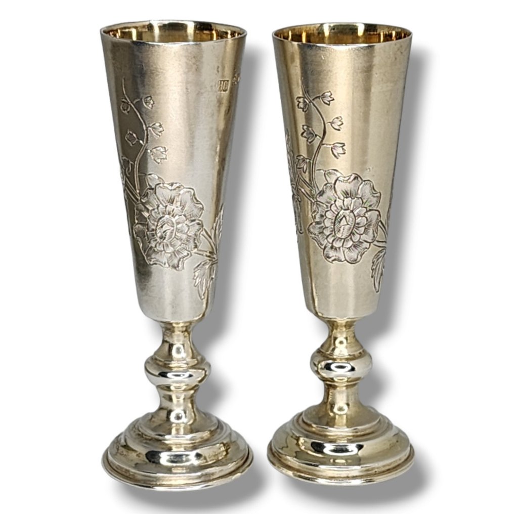 Vaso de boca ancha - Un par de 2 vasos de plata rusos antiguos 84 Russe argent Circa 1890 #1.1