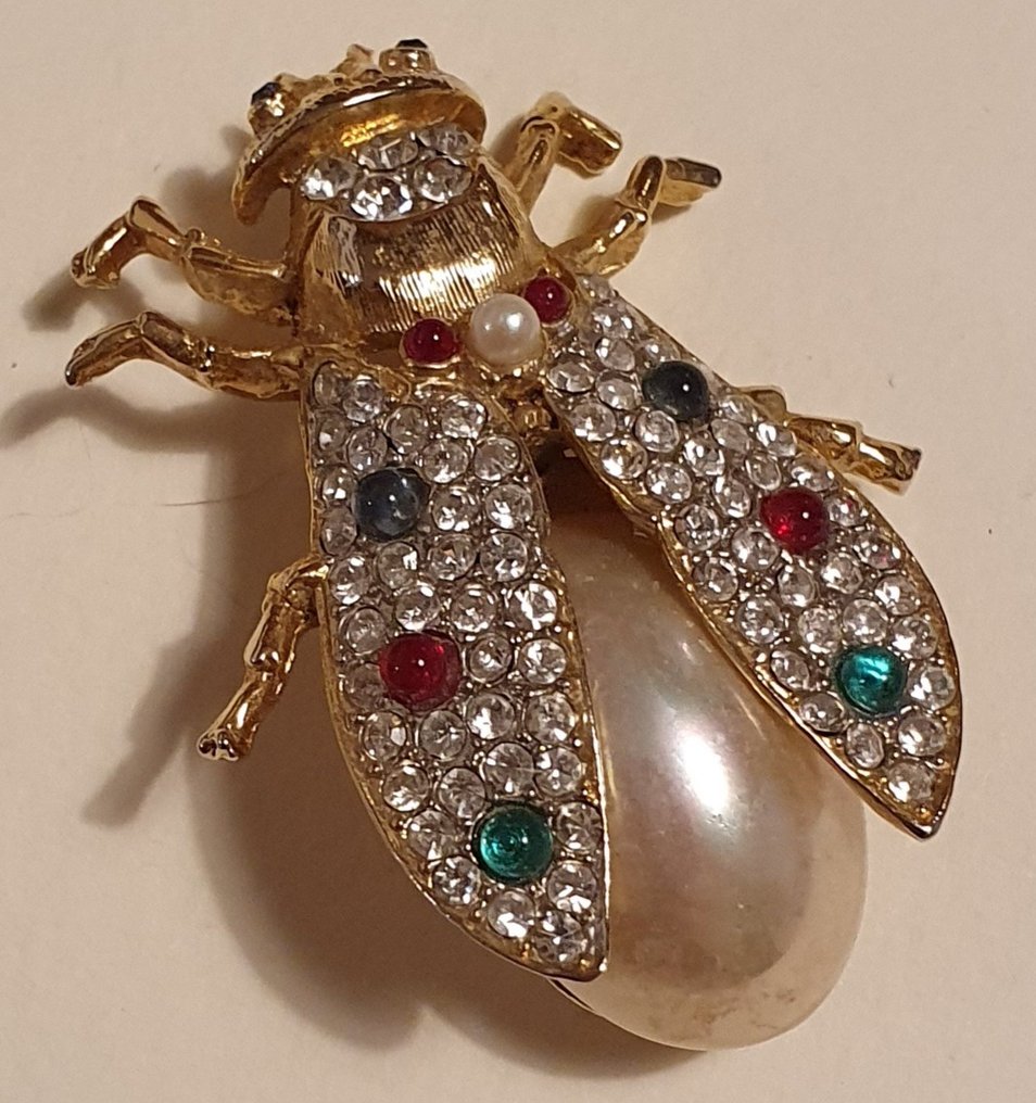 主题收藏系列 - 水晶和珍珠珐琅金色胸针“蜜蜂”和“小提琴谱号” #2.1
