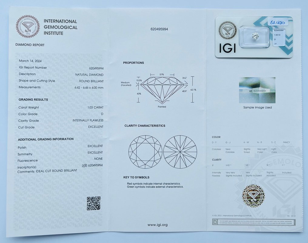 1 pcs 鑽石  (天然)  - 1.03 ct - 圓形 - D (無色) - IF - 國際寶石學院（International Gemological Institute (IGI)） - 前 前 前 無 #3.1