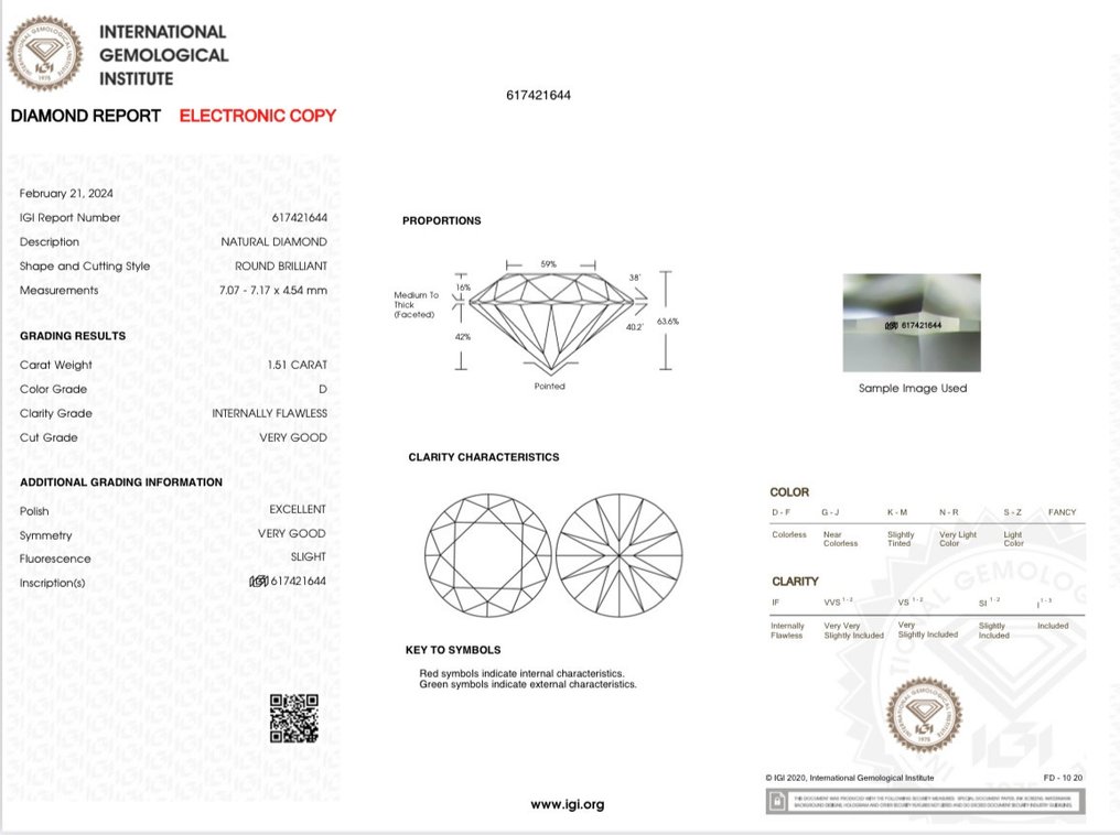1 pcs Diamant  (Natürlich)  - 1.51 ct - Rund - D (farblos) - IF - International Gemological Institute (IGI) #3.3