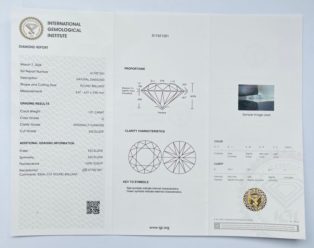 1 pcs Diamante  (Natural)  - 1.01 ct - Redondo - D (incolor) - IF - International Gemological Institute (IGI) - Ex Ex Ex #2.1