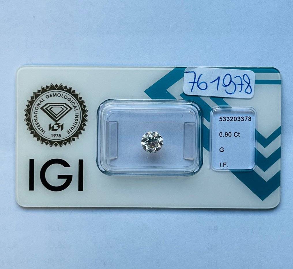 1 pcs Diamant  (Natural)  - 0.90 ct - Rund - G - IF - International Gemological Institute (IGI) #1.1