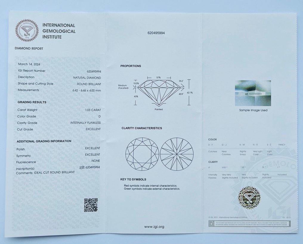 1 pcs Diamant  (Natur)  - 1.03 ct - Rund - D (farveløs) - IF - International Gemological Institute (IGI) - Ex Ex Ex Ingen #2.2