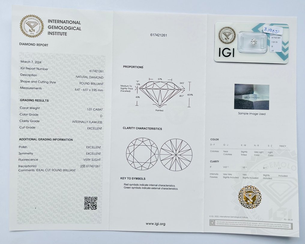 1 pcs 鑽石  (天然)  - 1.01 ct - 圓形 - D (無色) - IF - 國際寶石學院（International Gemological Institute (IGI)） - 前 前 前 #2.2