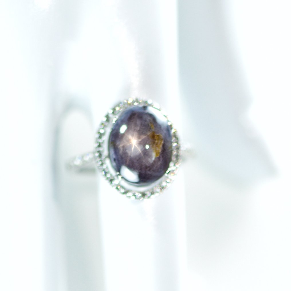 戒指 白金 -  10.42ct. tw. 星彩蓝宝石 - 钻石 - 订婚戒指 #1.2