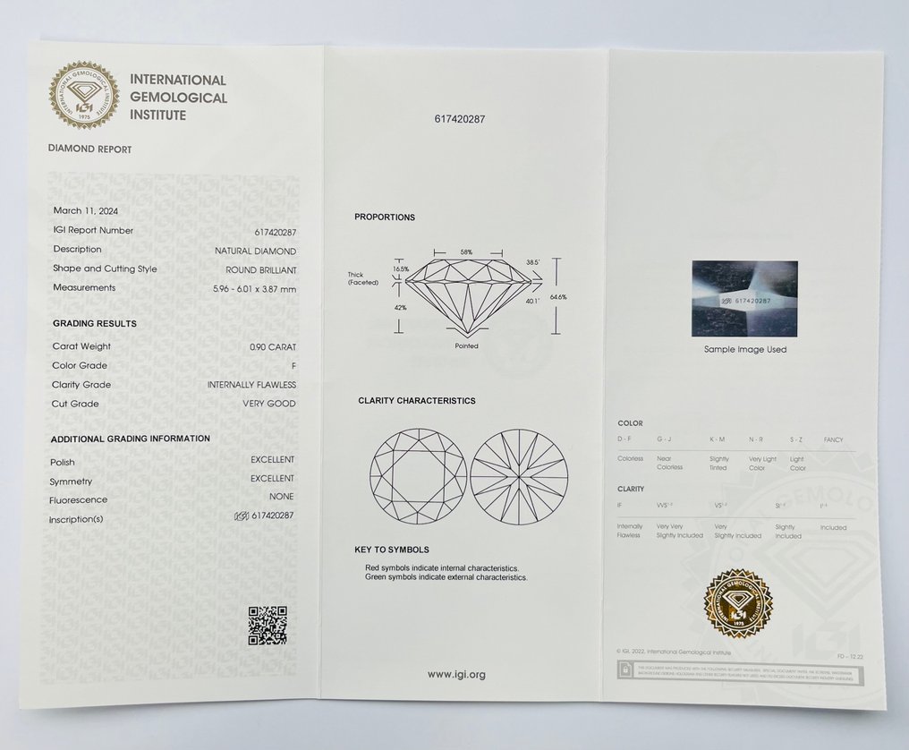 1 pcs Diamant  (Natuurlijk)  - 0.90 ct - Rond - F - IF - International Gemological Institute (IGI) #2.2