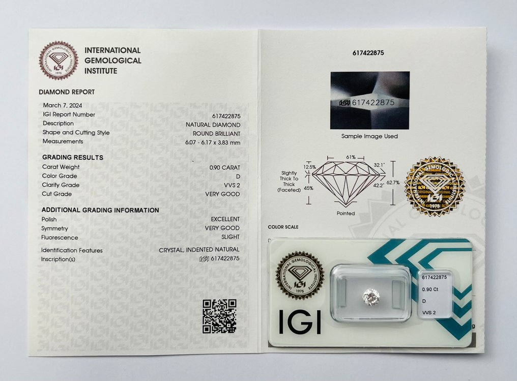 1 pcs Diamant  (Natur)  - 0.90 ct - Rund - D (farveløs) - VVS2 - International Gemological Institute (IGI) #3.1