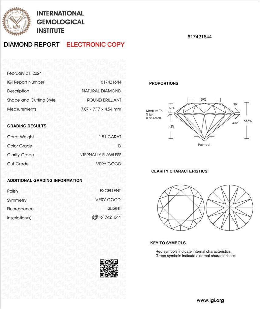 1 pcs Diamant  (Naturelle)  - 1.51 ct - Rond - D (incolore) - IF - International Gemological Institute (IGI) #3.1