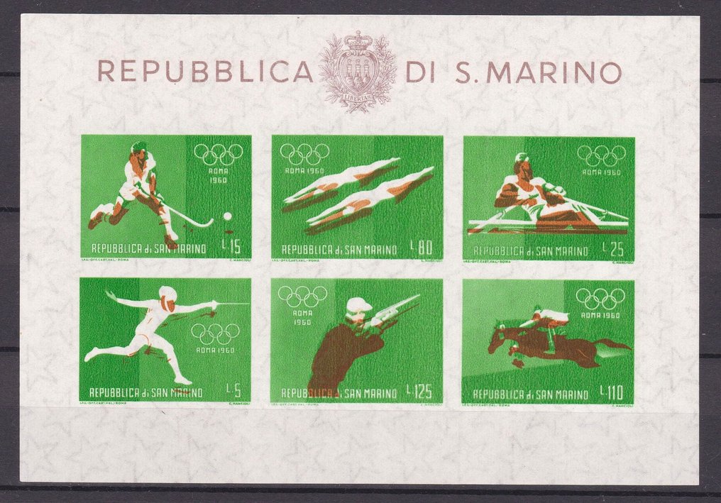 San Marino 1960 - Rzadki brązowy nadruk „Variety” mocno przesunięty w dół MNH** - 4500,00 Euro - Sassone BF 21e #1.1