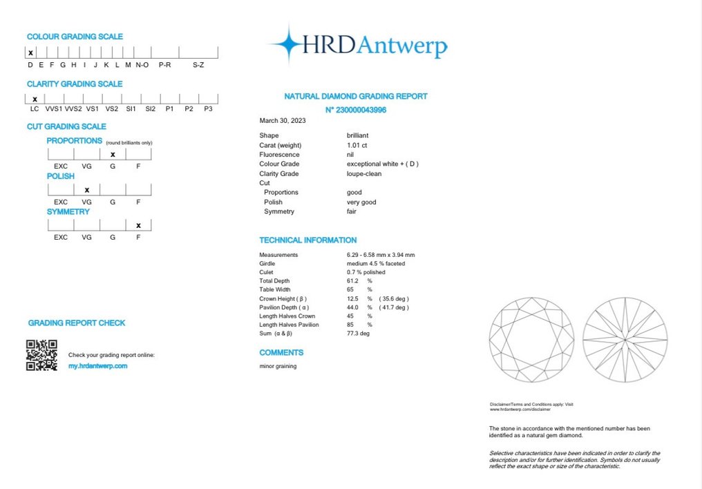 1 pcs Diamant  (Natürlich)  - 1.01 ct - Rund - D (farblos) - IF - HRD Antwerp #3.2