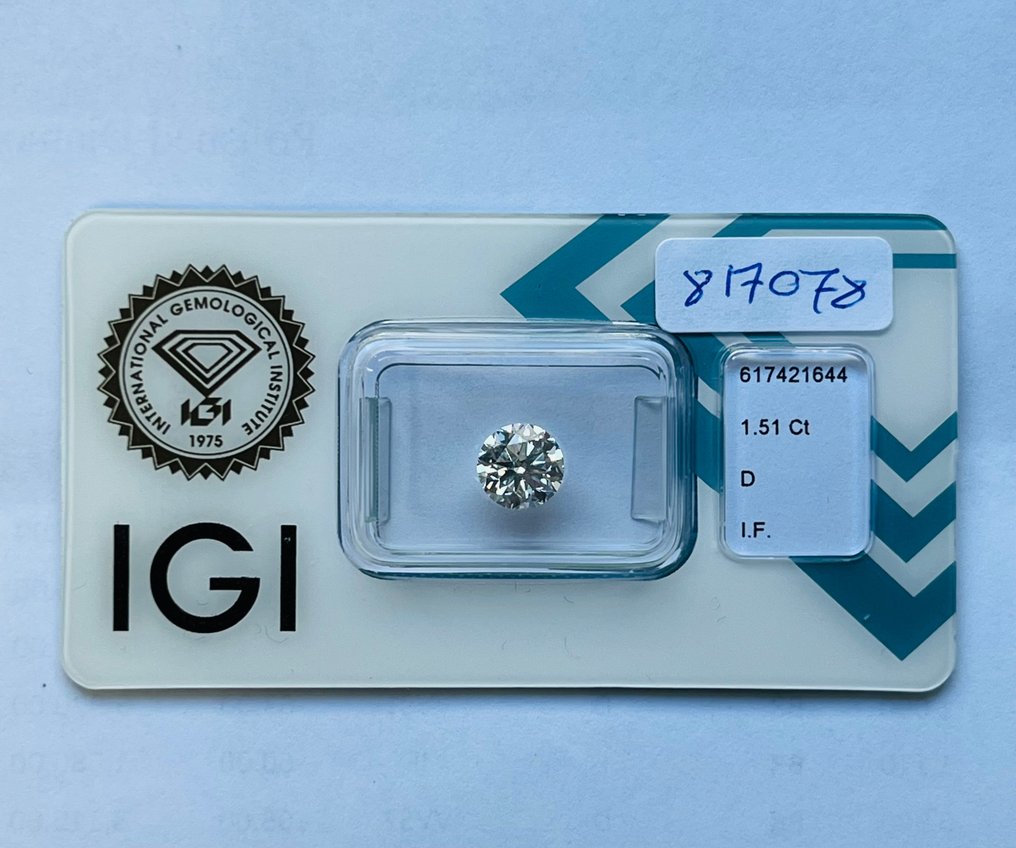 1 pcs Diamant  (Natürlich)  - 1.51 ct - Rund - D (farblos) - IF - International Gemological Institute (IGI) #1.1