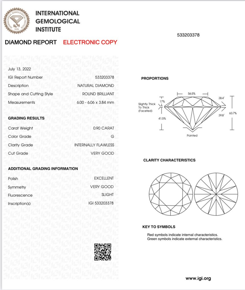 1 pcs Diamant  (Natural)  - 0.90 ct - Rund - G - IF - International Gemological Institute (IGI) #2.1