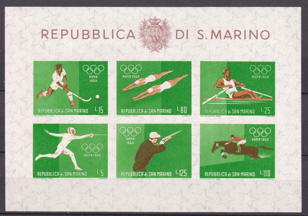 San Marino 1960 - Rzadki brązowy nadruk „Variety” mocno przesunięty w dół MNH** - 4500,00 Euro - Sassone BF 21e #2.1