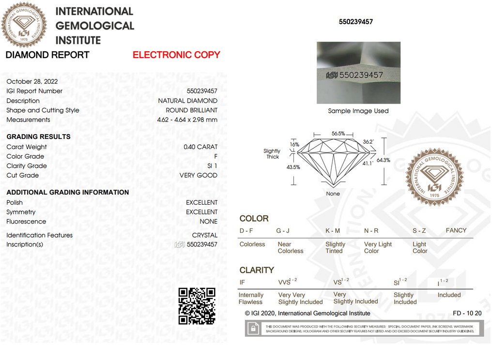 1 pcs Diamant  (Natuurlijk)  - 0.40 ct - Rond - F - SI1 - International Gemological Institute (IGI) #2.1