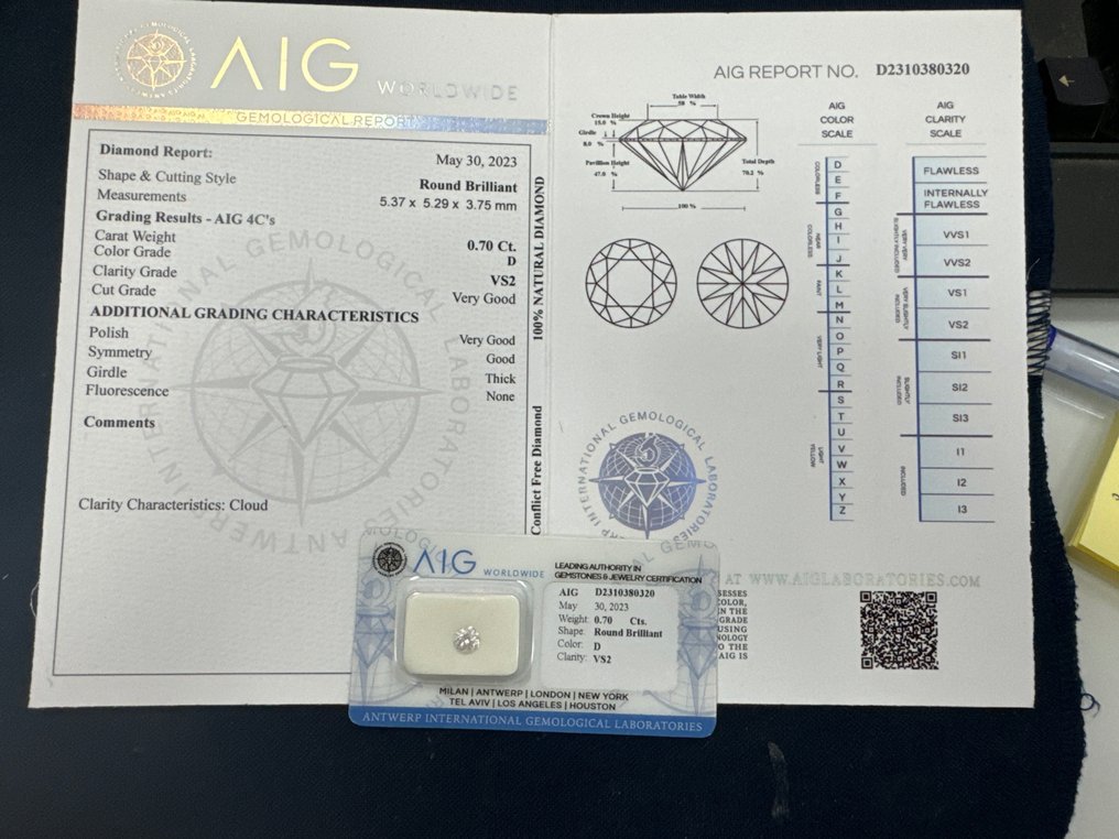 1 pcs Diamante  (Naturale)  - 0.70 ct - Rotondo - D (incolore) - SI2 - Antwerp International Gemological Laboratories (AIG Israele) #2.2