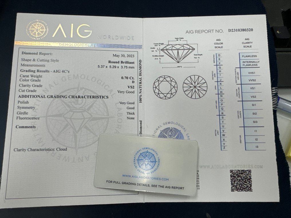 1 pcs Diamant  (Natural)  - 0.70 ct - Rotund - D (fără culoare) - SI2 - (AIG Israel) Laboratoarele gemologice internaționale din Anvers #2.3