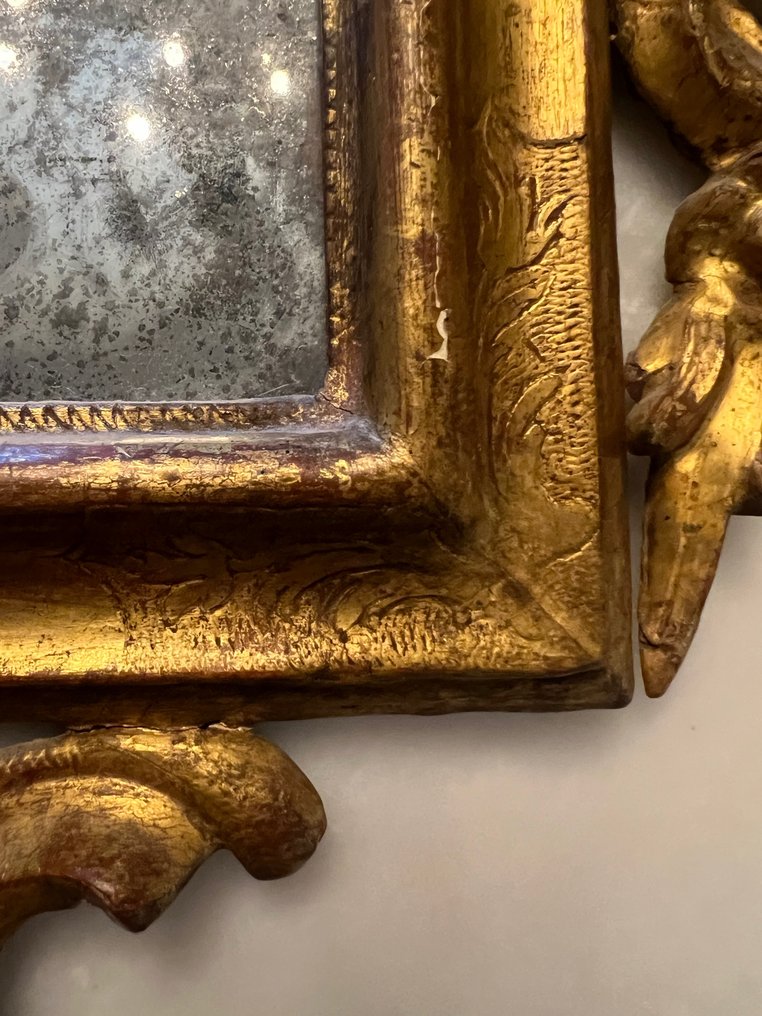 Espejo de pared- espejo veneciano  - Estructura de madera tallada y dorada. espejo antiguo de hoja de plata #1.2