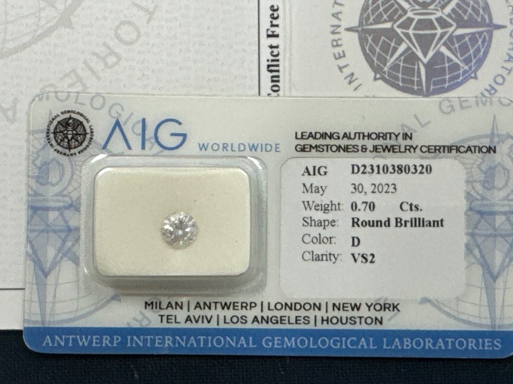 1 pcs Diamante  (Naturale)  - 0.70 ct - Rotondo - D (incolore) - SI2 - Antwerp International Gemological Laboratories (AIG Israele) #1.1