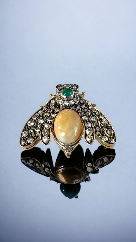 Imperial Russia - Broszka Broszka z 14-karatowego złota (próba 56 Rosja), szmaragdowy opal i 3,1-karatowe diamenty, około 1900 -  3.10ct. tw. Diament - Opal #1.1