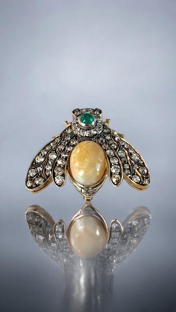 Imperial Russia - Bross Vintage 14K arany (56 Oroszország) bross smaragd opál és 3,1 karátos gyémánt az 1900-as évekből -  3.10ct. tw. Gyémánt - Opál #1.2