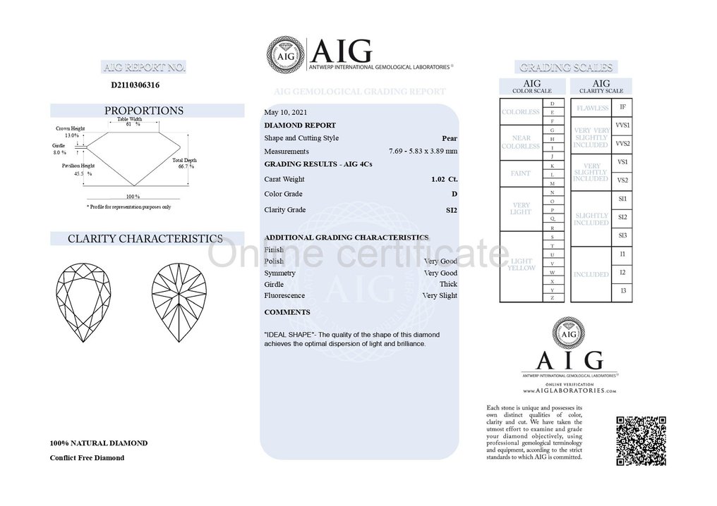 1 pcs Diamant  (Naturlig)  - 1.03 ct - Pære - D (fargeløs) - SI2 - Antwerp International Gemological Laboratories (AIG Israel) - Naturlig diamant #3.2