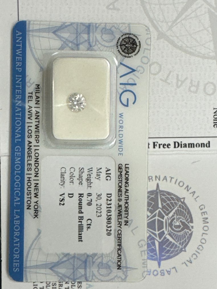1 pcs Diamant  (Natural)  - 0.70 ct - Rotund - D (fără culoare) - SI2 - (AIG Israel) Laboratoarele gemologice internaționale din Anvers #2.1