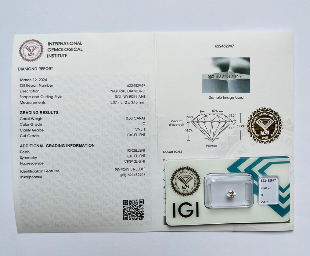 1 pcs Diamond  (Natural)  - 0.50 ct - Round - G - VVS1 - International Gemological Institute (IGI) - Ex Ex Ex #3.1