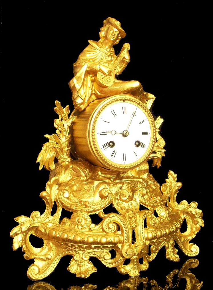 Mantel clock - 19th Century - France "Allegory to Music and the Arts" Large Rare Table or mantel clock with 2 -  Antique gold metal - 1850-1900 #3.1