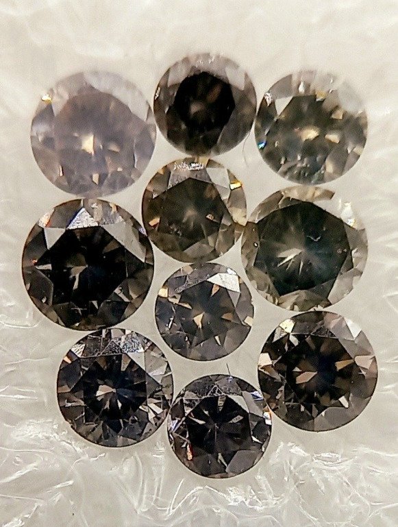 10 pcs Diamond  (Natural coloured)  - 0.76 ct - Round - Fancy deep Greyish Brown - I1, SI1 - Antwerp Laboratory for Gemstone Testing (ALGT) #2.1