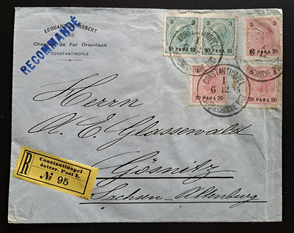 Levant 1890/1926 - Lettres recommandées - Autriche, Grande-Bretagne, Russie, Allemagne, Turquie #1.1