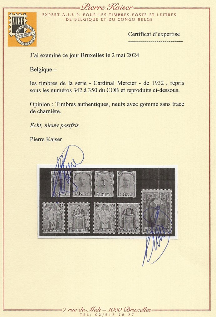 Bélgica 1932 - Série Cardeal Mercier - com CERTIFICADO Kaiser - OBP/COB 342/50 #2.1