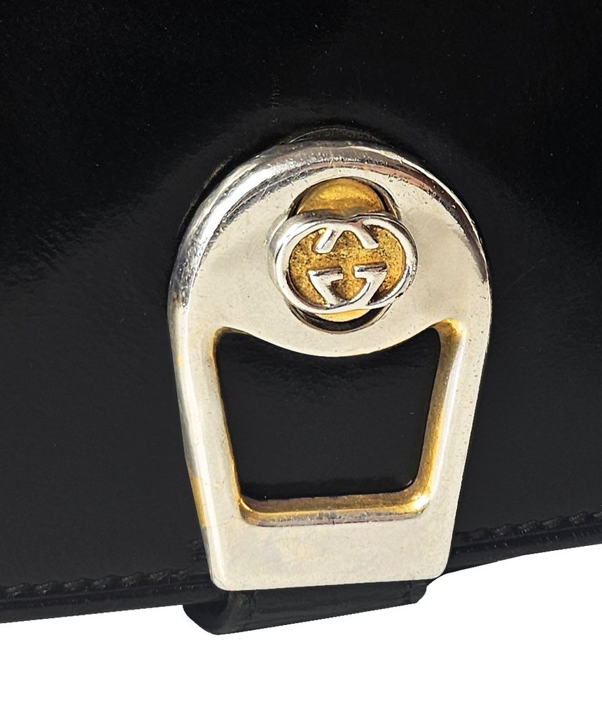 Gucci - VintagE in Pelle Nera e Logo Oro GG - Geantă de umăr #2.2