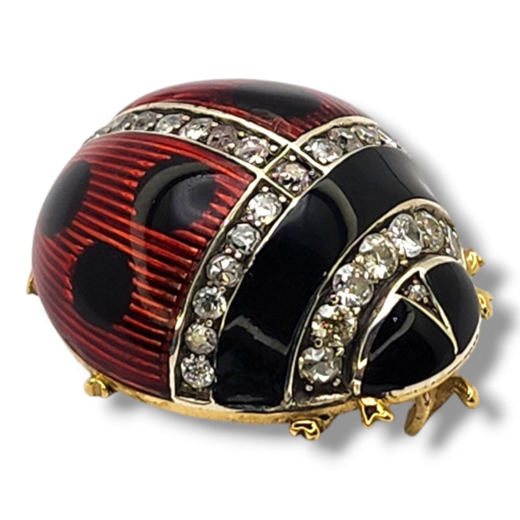 Fabergé - Pendentif Broche Impériale Russe 56 Or, Diamants et Émail Coccinelle Circa 1890 Pièce De Musée Russe #2.1