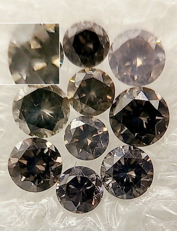 10 pcs Diamond  (Natural coloured)  - 0.76 ct - Round - Fancy deep Greyish Brown - I1, SI1 - Antwerp Laboratory for Gemstone Testing (ALGT) #2.2