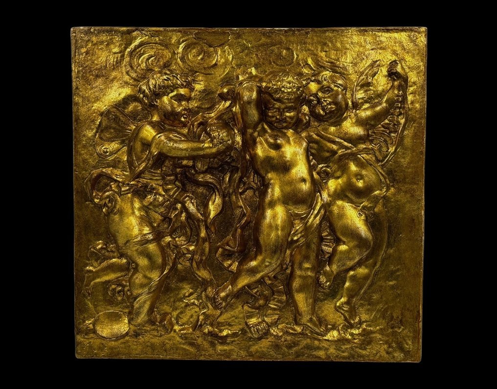 sculptuur, Pannello Bassorilievo - Scena di tre Putti - 32.5 cm - Gepatineerd gips #1.1