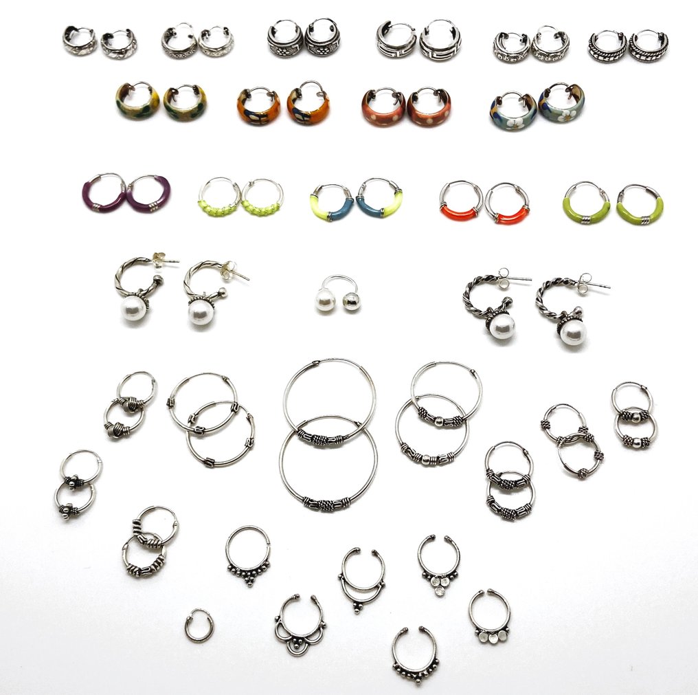 Themed Collection of 26 Bali Style Silver Hoop Earrings and 9 Piercings - Hoop earrings #1.1
