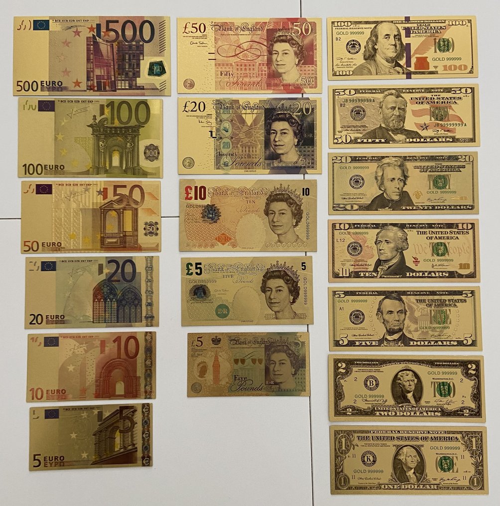 Kolekcja tematyczna 18 limitowanych banknotów pozłacanych 24-karatowym złotem USA, Wielka Brytania,.  (Bez ceny minimalnej
) #1.1