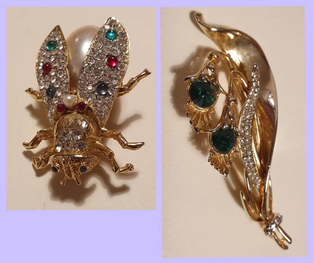 主题收藏系列 - 水晶和珍珠珐琅金色胸针“蜜蜂”和“小提琴谱号” #1.1