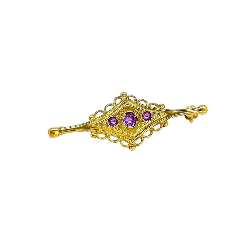 Edwardian style openwork scrolling brooch set with amethysts - Pregadeira - 9 kt. Ouro amarelo -  0.80ct. tw. Ametista - Ametista #2.1