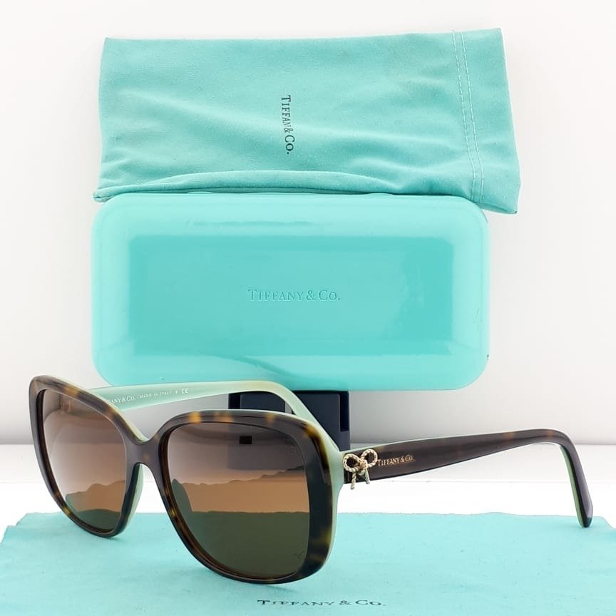 Tiffany & Co. - Rectangular Tortoise Shell & Tiffany Blue with Gold Tone Temple Ribbon Charms - Sunglasses #1.1