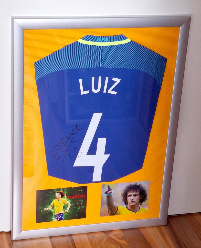 Brasilien - 世界盃足球賽 - DAVID LUIZ * persönlich handschriftlich signiertes Auswärtstrikot Brasilien * hochwertig gerahmt (50 - 足球球衣  #1.1