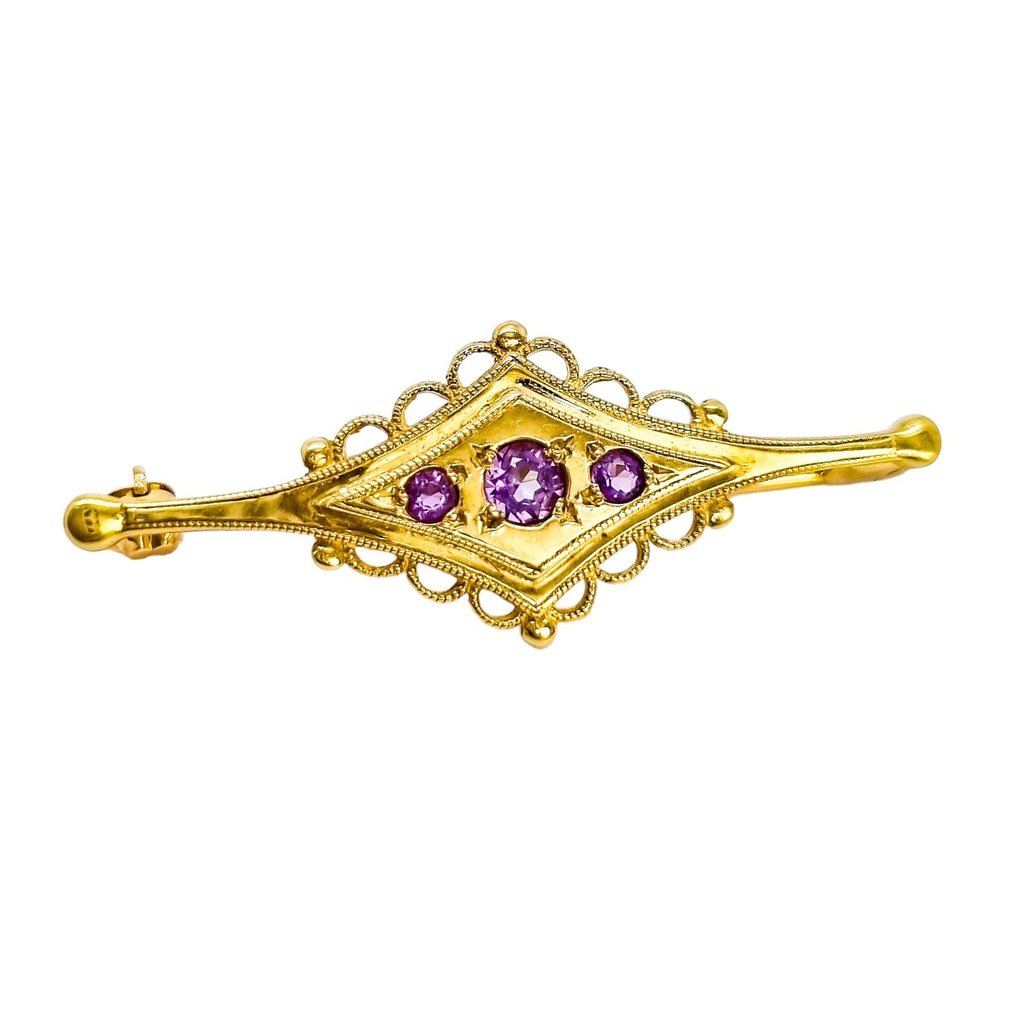 Edwardian style openwork scrolling brooch set with amethysts - Pregadeira - 9 kt. Ouro amarelo -  0.80ct. tw. Ametista - Ametista #1.1