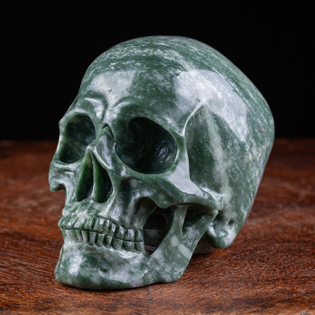 Merveilleuse sculpture - Jaspe vert africain - Crâne extrêmement réaliste- 2155 g #2.1