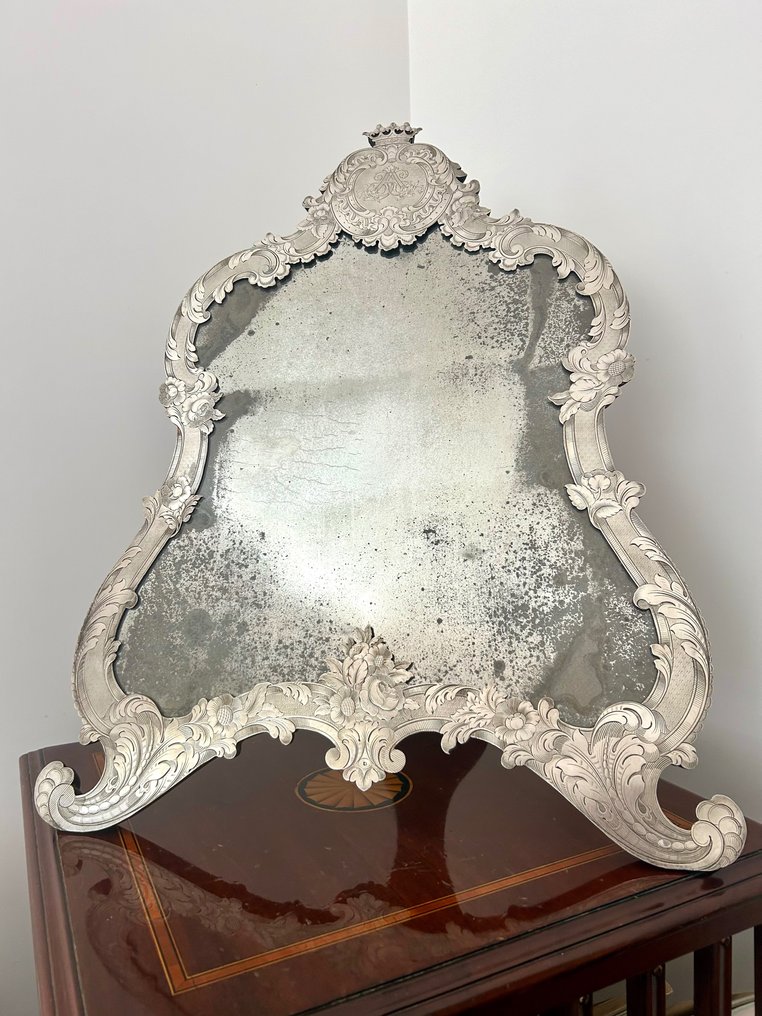 Grande e Antico Specchio al mercurio cesellato - Specchio da tavolo  - Argento, Legno #1.1
