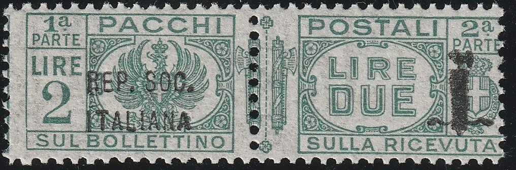 義大利社會共和國  - 1944 年郵政包裹 RSI 2 公升。綠色 Sass 43 完整 MNH** Cert.SPR 稀有和 Spl #1.1
